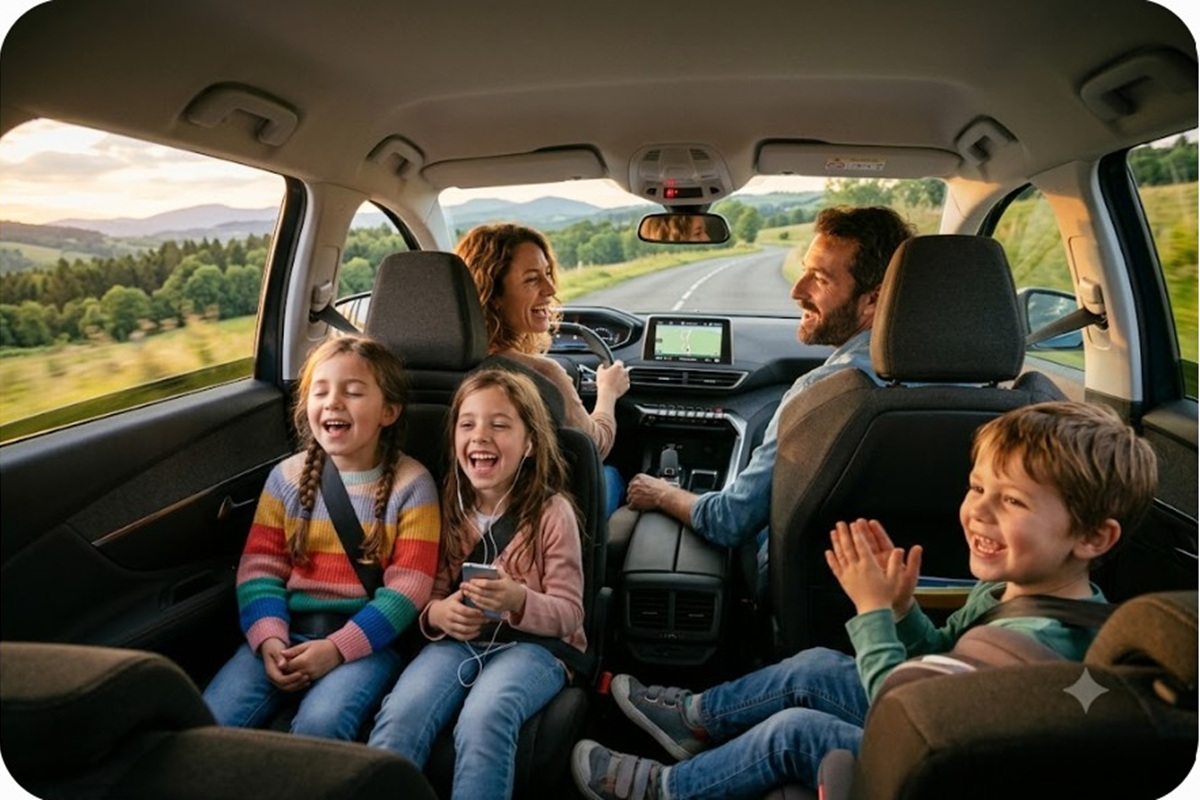 Une famille écoutant de la musique en voiture
