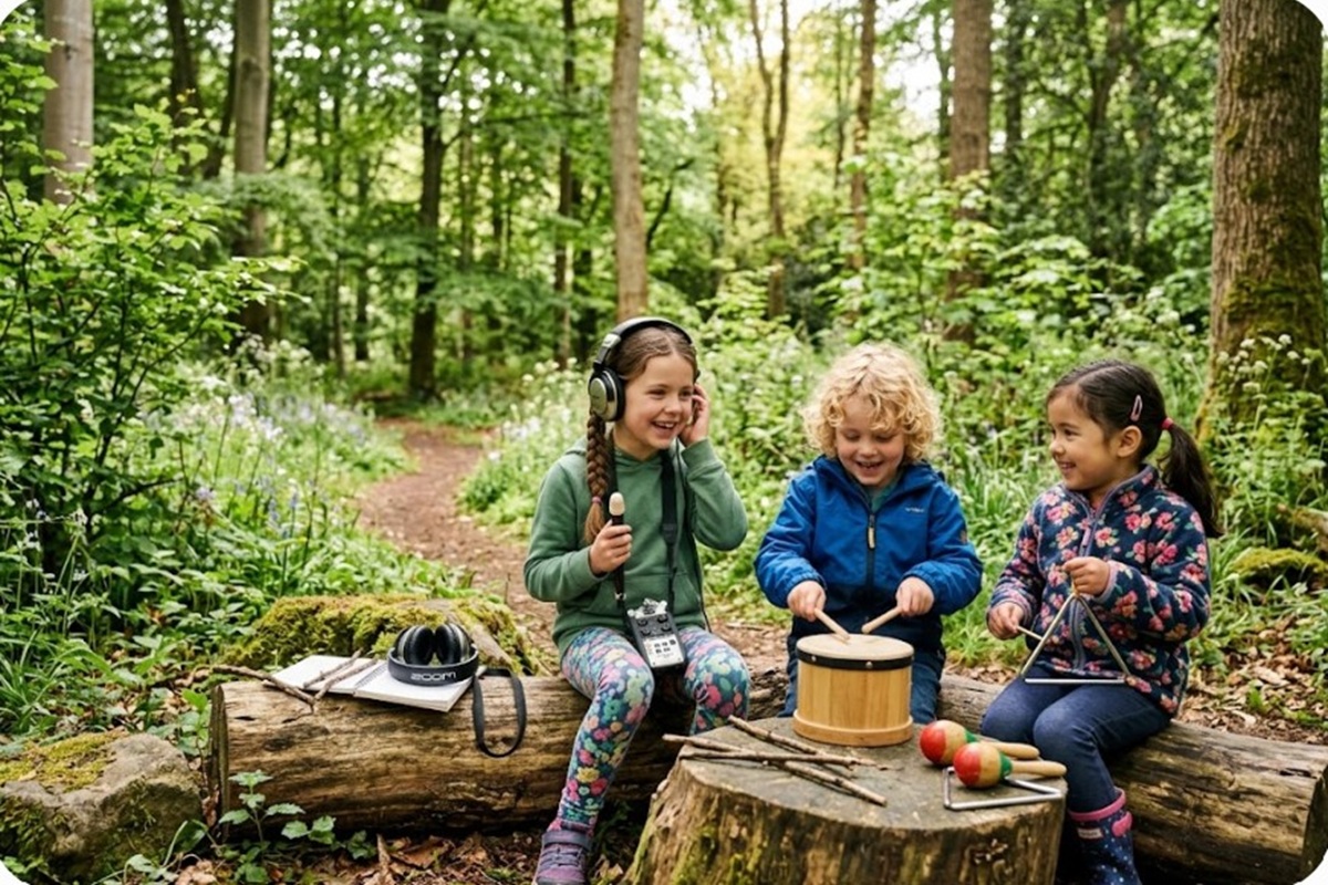 Des enfants écoutant de la musique dans la nature