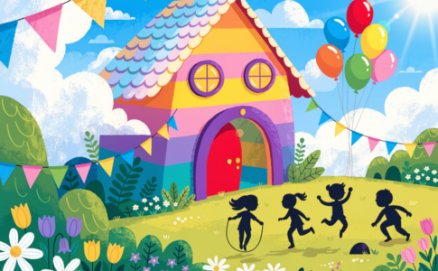 Maison colorée et festive illustrant l'ambiance chaleureuse de l'émission Okoo-koo