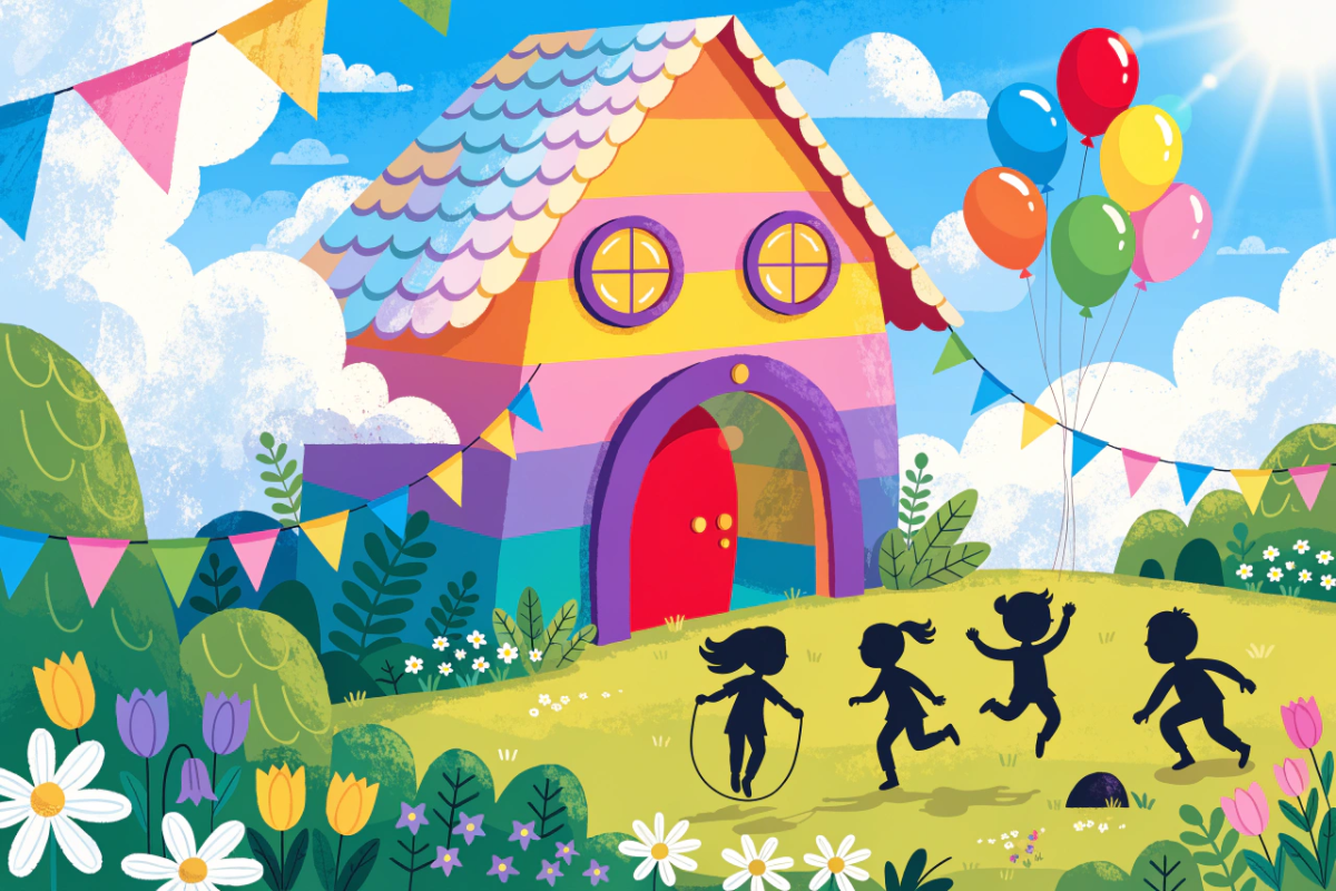 Maison colorée et festive illustrant l'ambiance chaleureuse de l'émission Okoo-koo