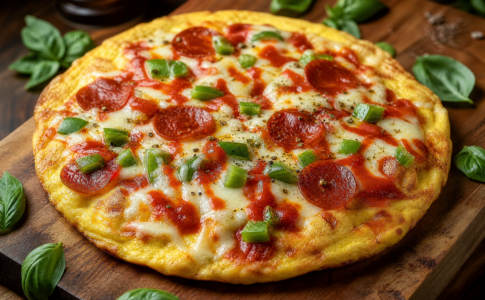 Omelette pizza dorée garnie de pepperoni, fromage fondu, poivrons verts et sauce tomate.