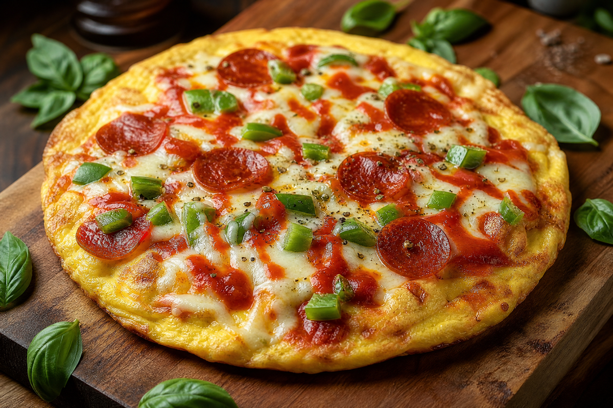 Omelette pizza dorée garnie de pepperoni, fromage fondu, poivrons verts et sauce tomate.