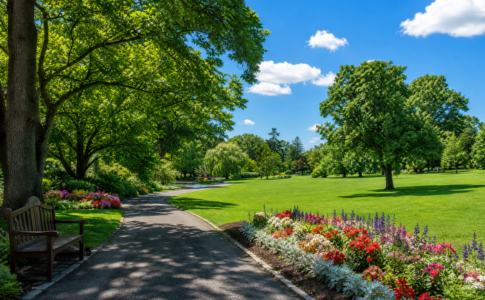 Allée pavée bordée de fleurs colorées et de grands arbres dans un parc ensoleillé avec un banc en bois.