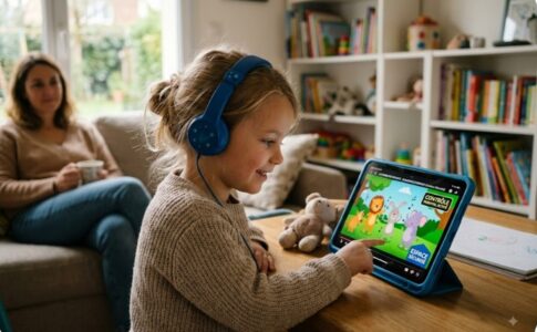 Un enfant écoutant de la musique avec une tablette