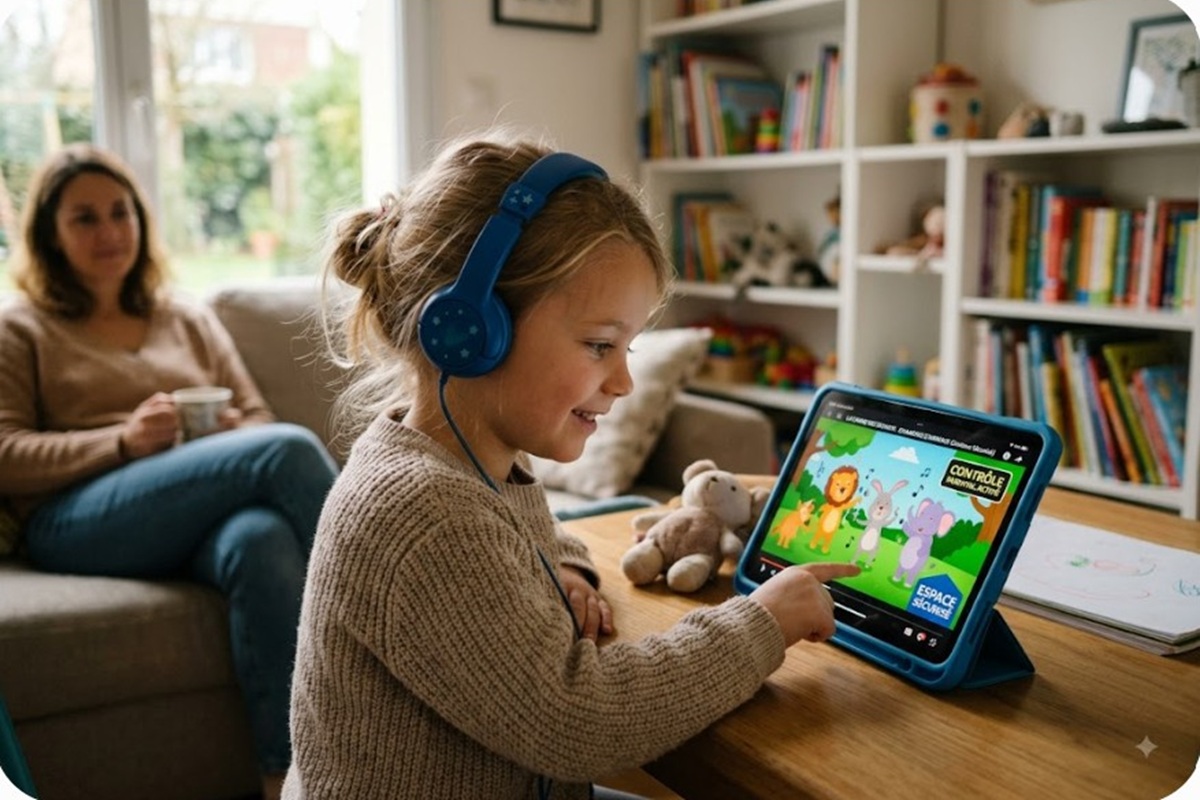 Un enfant écoutant de la musique avec une tablette