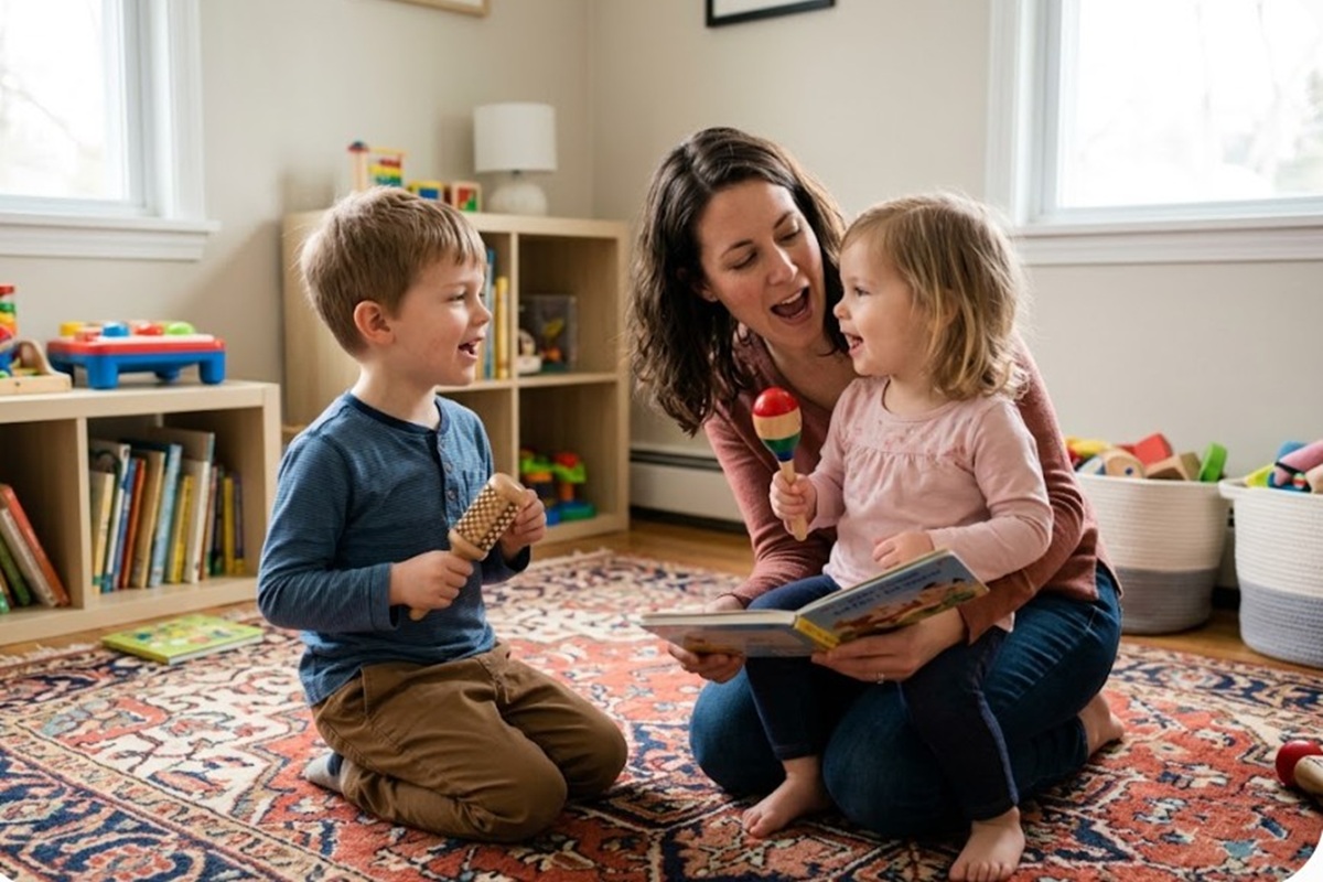 Des enfants chantant avec leur maman