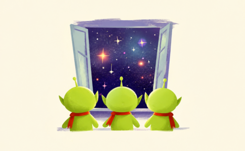 Trois petits aliens mignons regardant le ciel étoilé, univers du film Pas si seuls