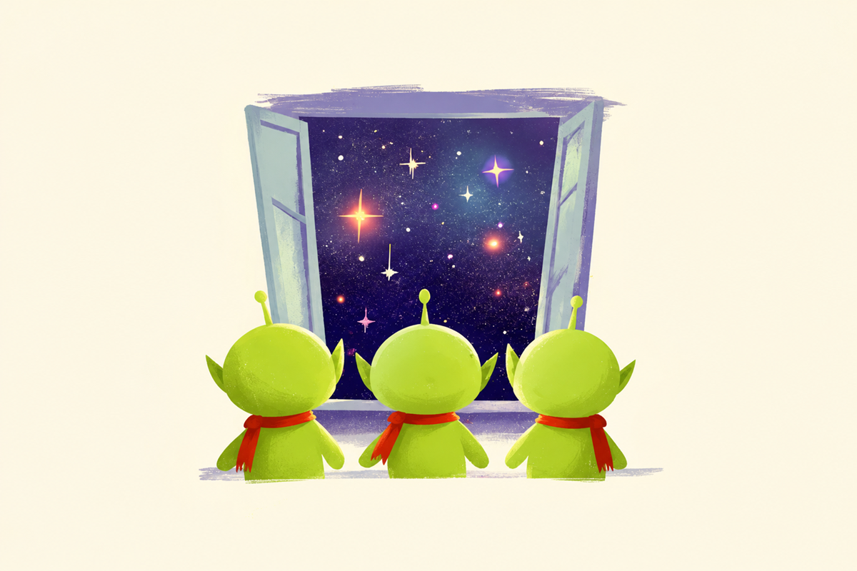 Trois petits aliens mignons regardant le ciel étoilé, univers du film Pas si seuls 