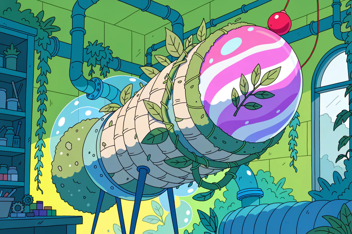 Fusée végétale dans un atelier coloré, décor du film d'animation Pas si seuls 