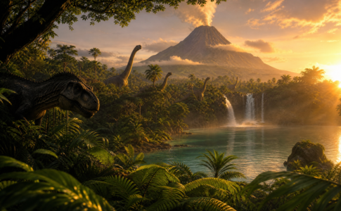 Paysage tropical avec plusieurs dinosaures visibles entre les arbres