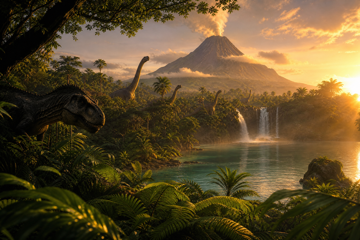Paysage tropical avec plusieurs dinosaures visibles entre les arbres