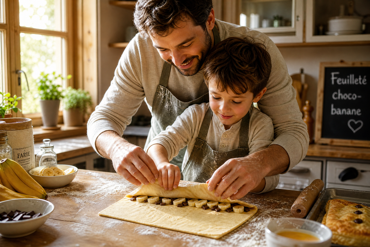 Père et son fils repliant une pâte feuilletée garnie de rondelles de banane et de morceaux de chocolat.