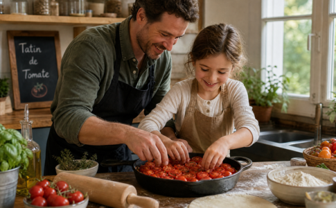 Père et sa fille disposant des tomates cerises dans un moule pour préparer une tatin.