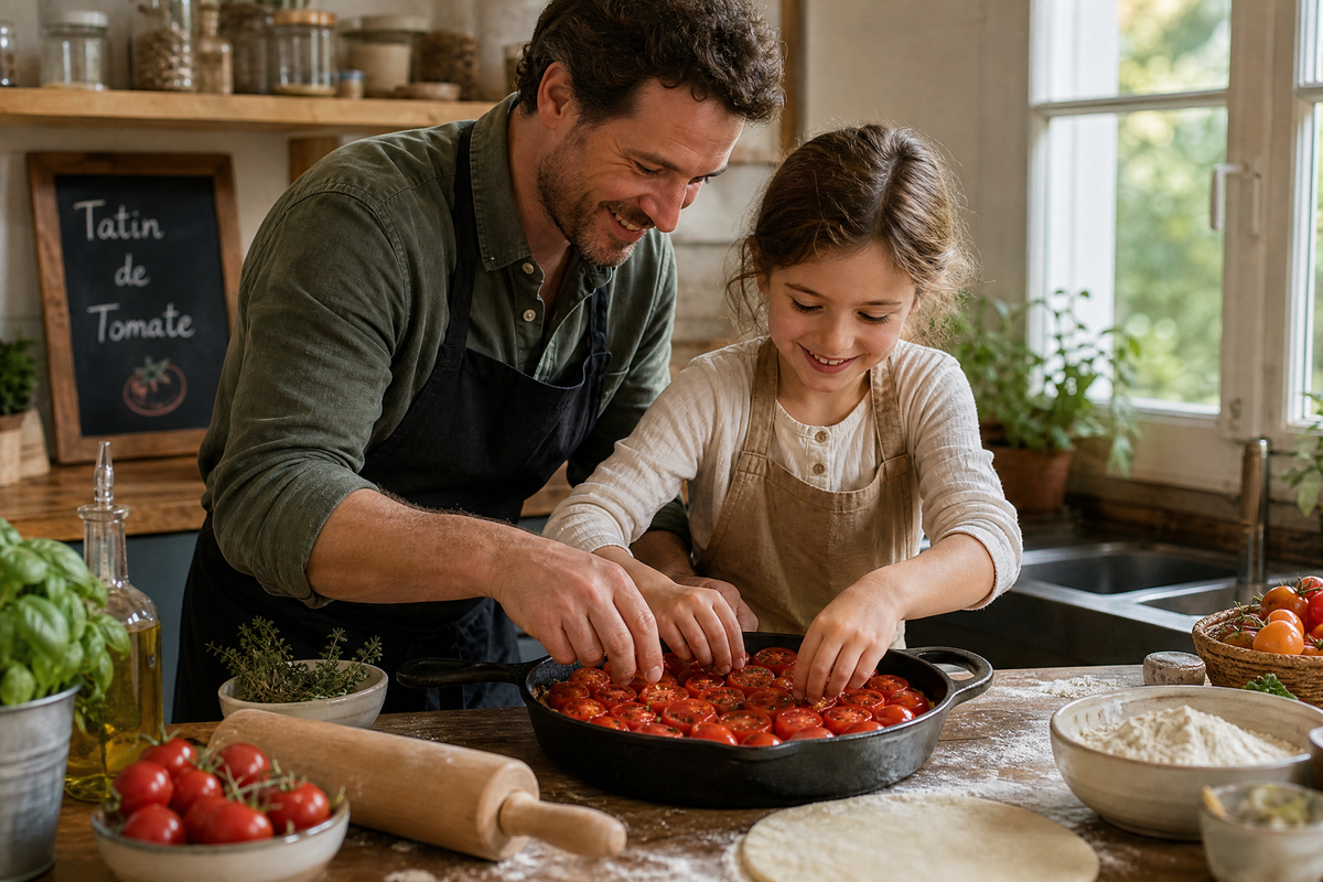 Père et sa fille disposant des tomates cerises dans un moule pour préparer une tatin.