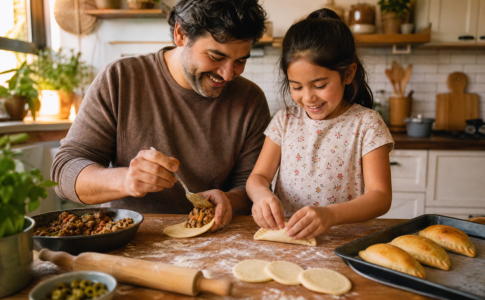 Père et fille préparent des empanadas maison.