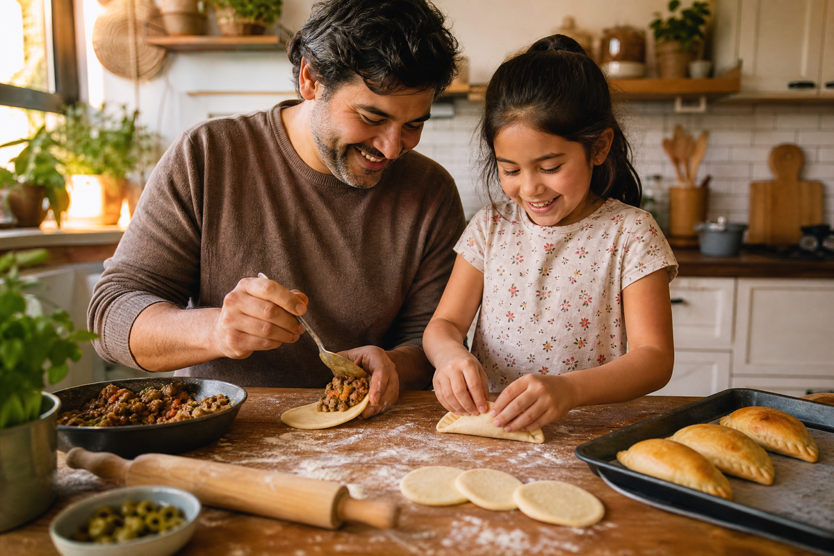 Père et fille préparent des empanadas maison.