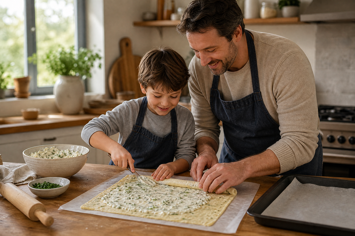 Un père et son fils préparent un roulé au fromage frais et aux herbes.
