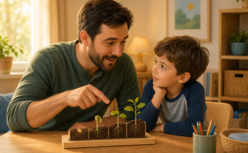 Père expliquant la croissance d'une plante à son fils.