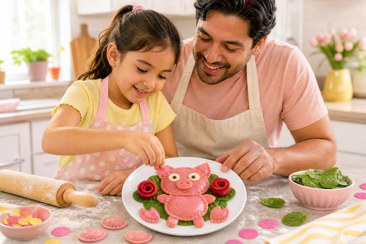 Un père et sa fille préparent des raviolis d’Elvis ensemble.