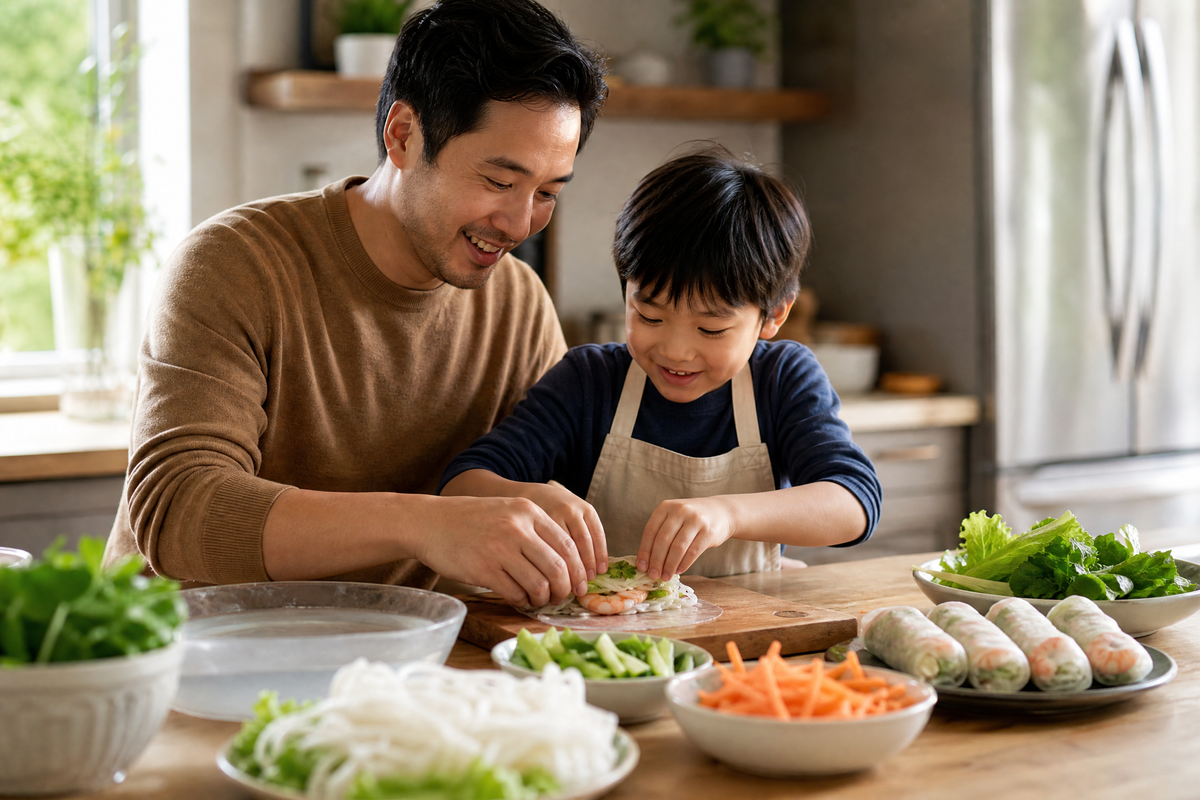 Texte alternatif (Alt text) : Un père et son fils roulant ensemble des rouleaux de printemps frais aux crevettes dans une cuisine.Légende (Caption) : Atelier cuisine en famille : préparation facile de rouleaux de printemps frais et sains.
