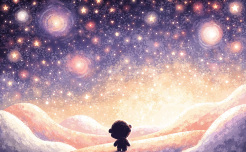 Petit personnage observant les étoiles, évoquant la série Petit Malabar