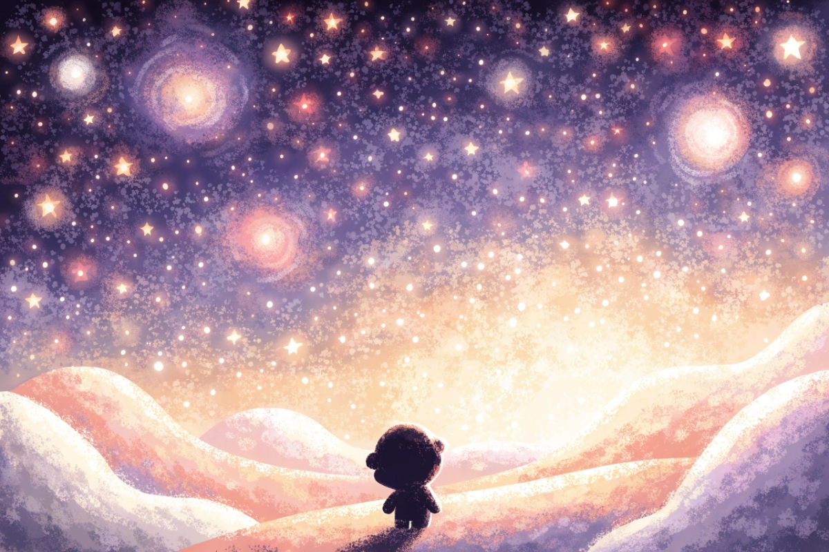Petit personnage observant les étoiles, évoquant la série Petit Malabar