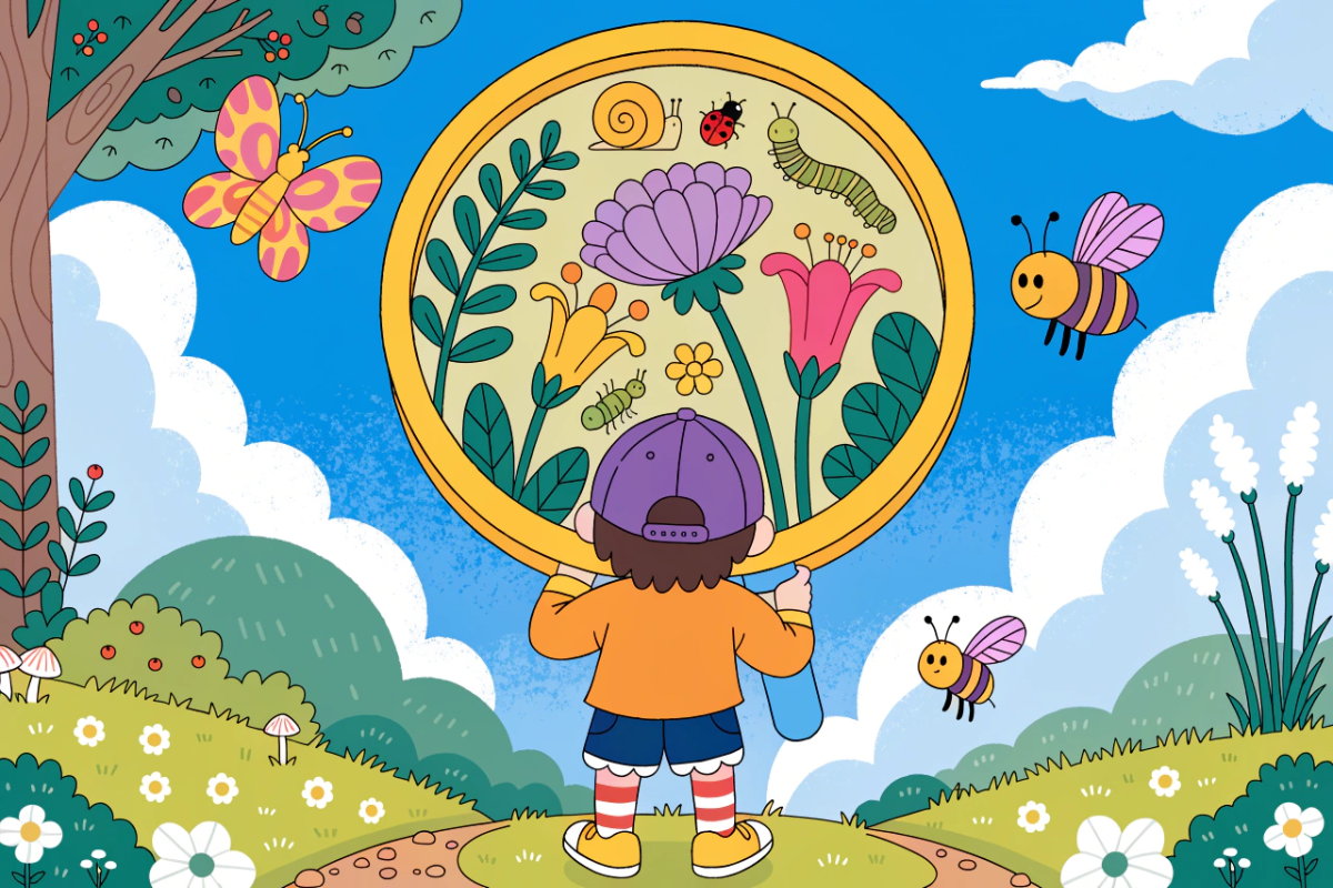 Enfant observant un jardin à la loupe, en lien avec l'esprit curieux de Petit Malabar