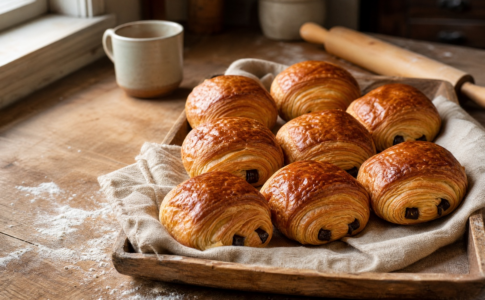 Des petits pains au chocolat dorés sur un plateau en bois.