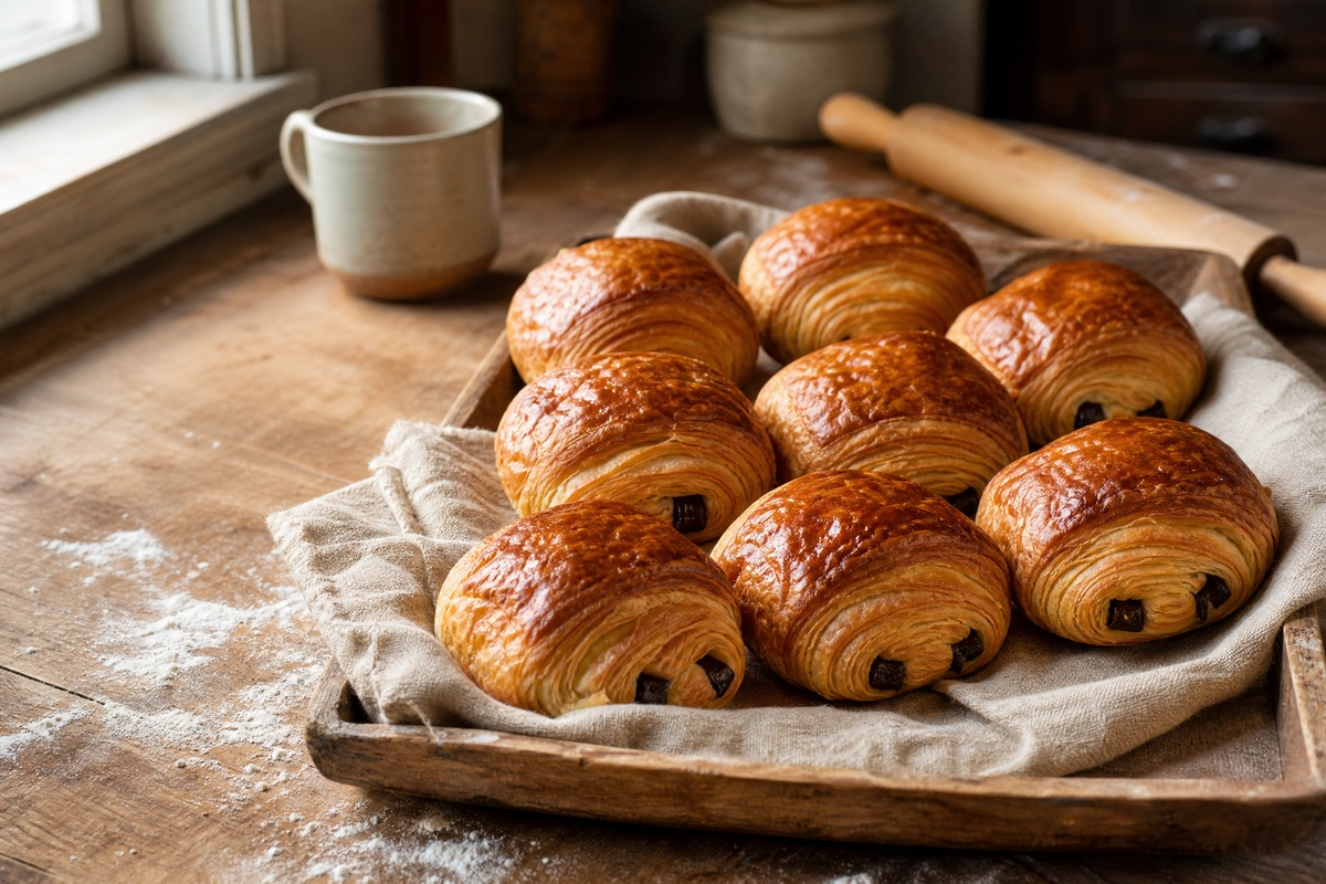 Des petits pains au chocolat dorés sur un plateau en bois.
