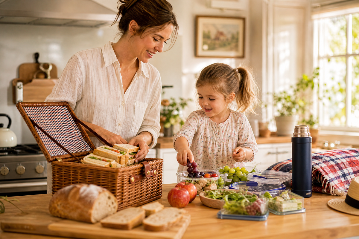 Mère et sa fille préparant des sandwichs et remplissant un panier de pique-nique dans la cuisine.