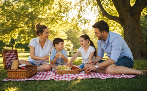 Famille assise sur une couverture à carreaux partageant un pique-nique dans un parc ensoleillé.