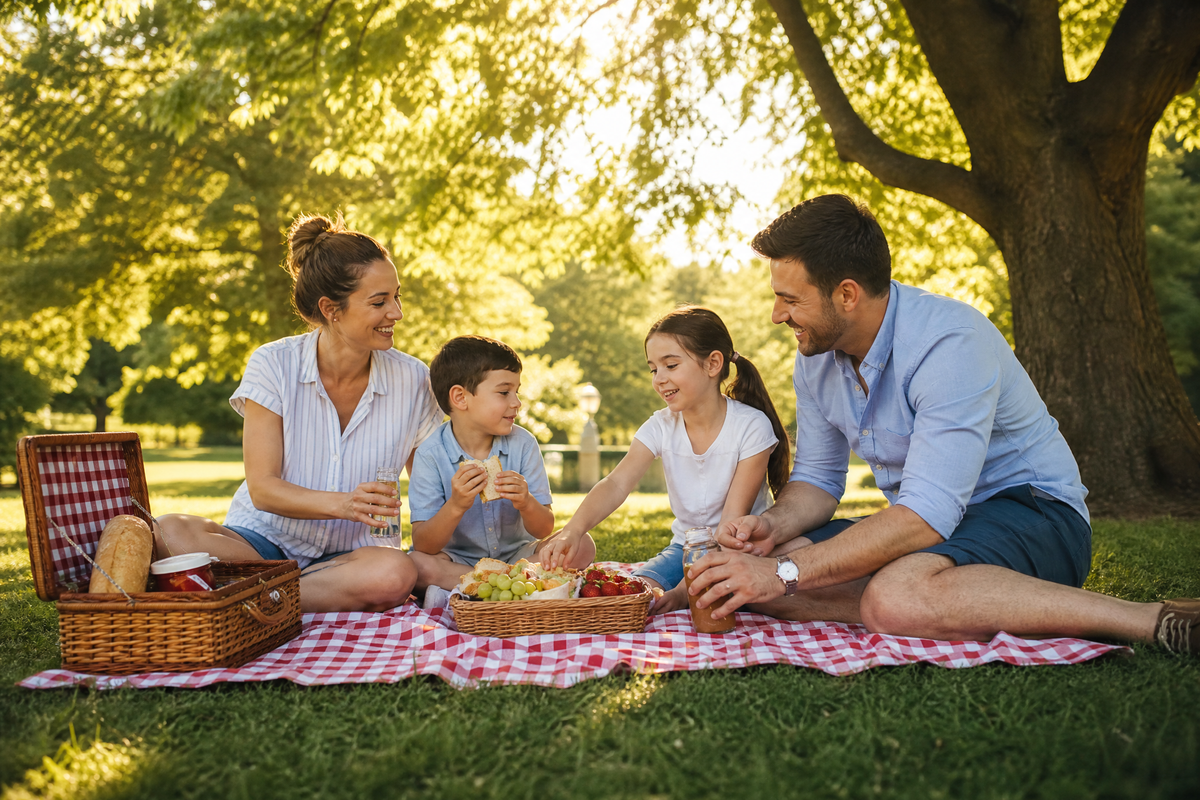 Famille assise sur une couverture à carreaux partageant un pique-nique dans un parc ensoleillé.