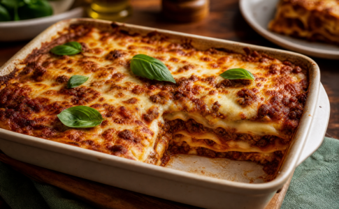 Plat de lasagnes maison à la viande hachée, fromage fondu et feuilles de basilic frais.