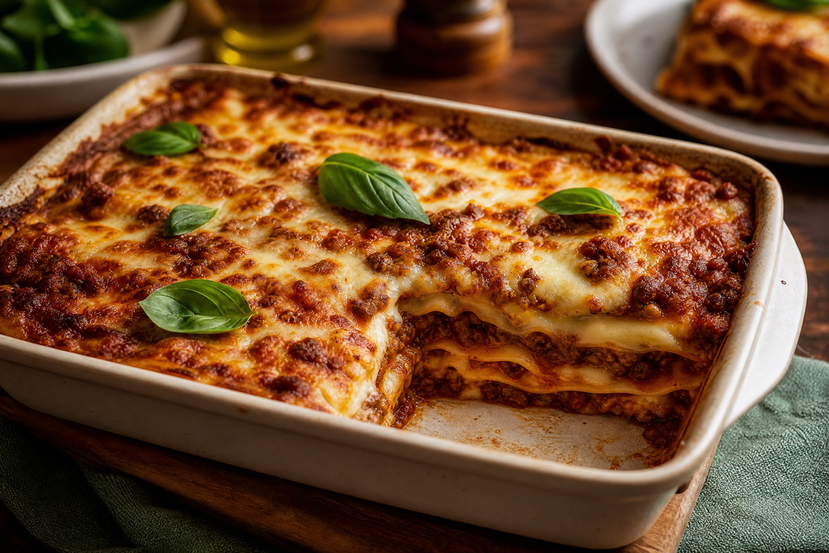 Plat de lasagnes maison à la viande hachée, fromage fondu et feuilles de basilic frais.