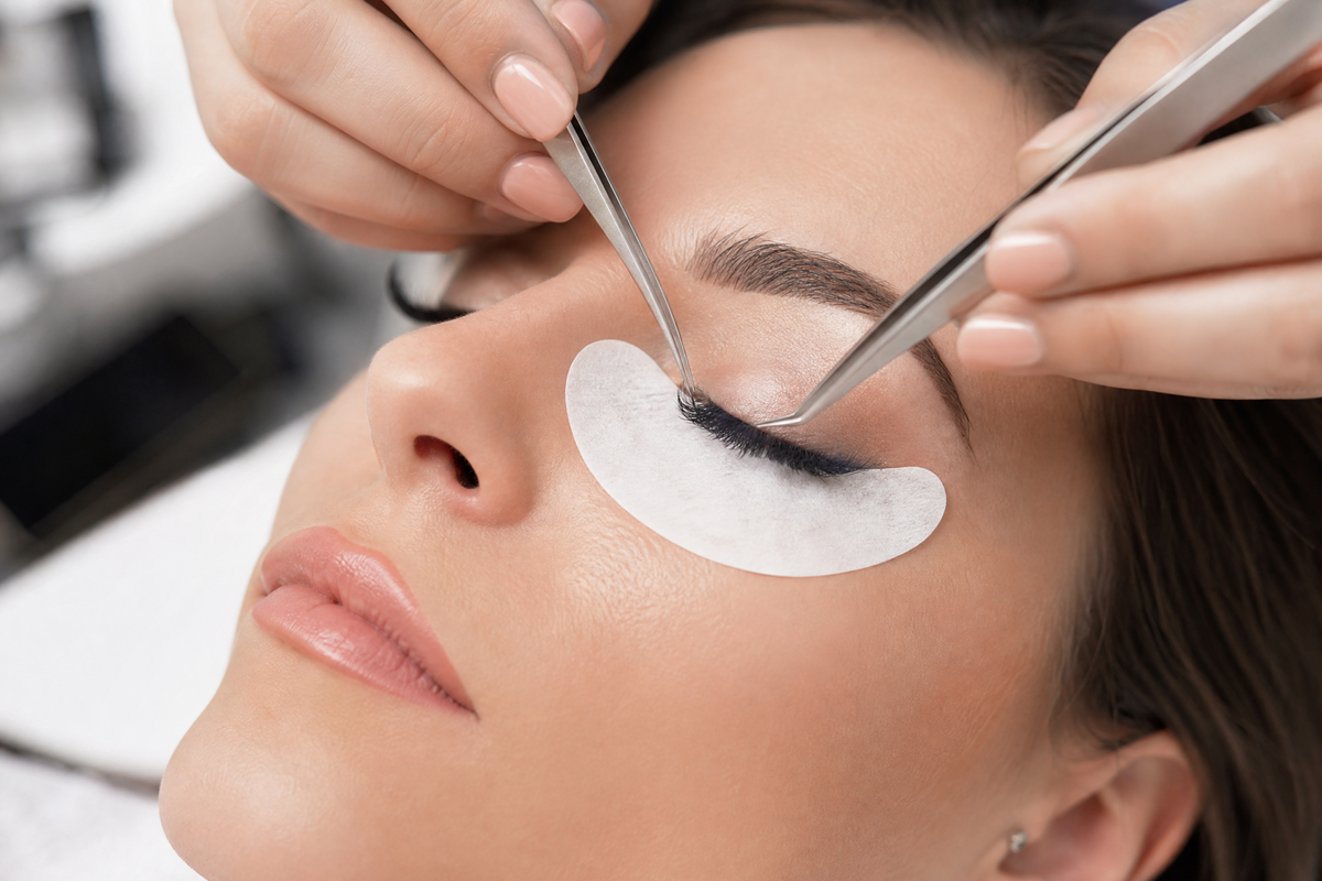  Esthéticienne appliquant délicatement des extensions de cils à l’aide de deux pinces sur une cliente.