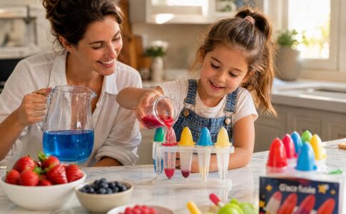 Mère et fille préparent des glaces fusées maison avec du jus de fruit dans la cuisine.