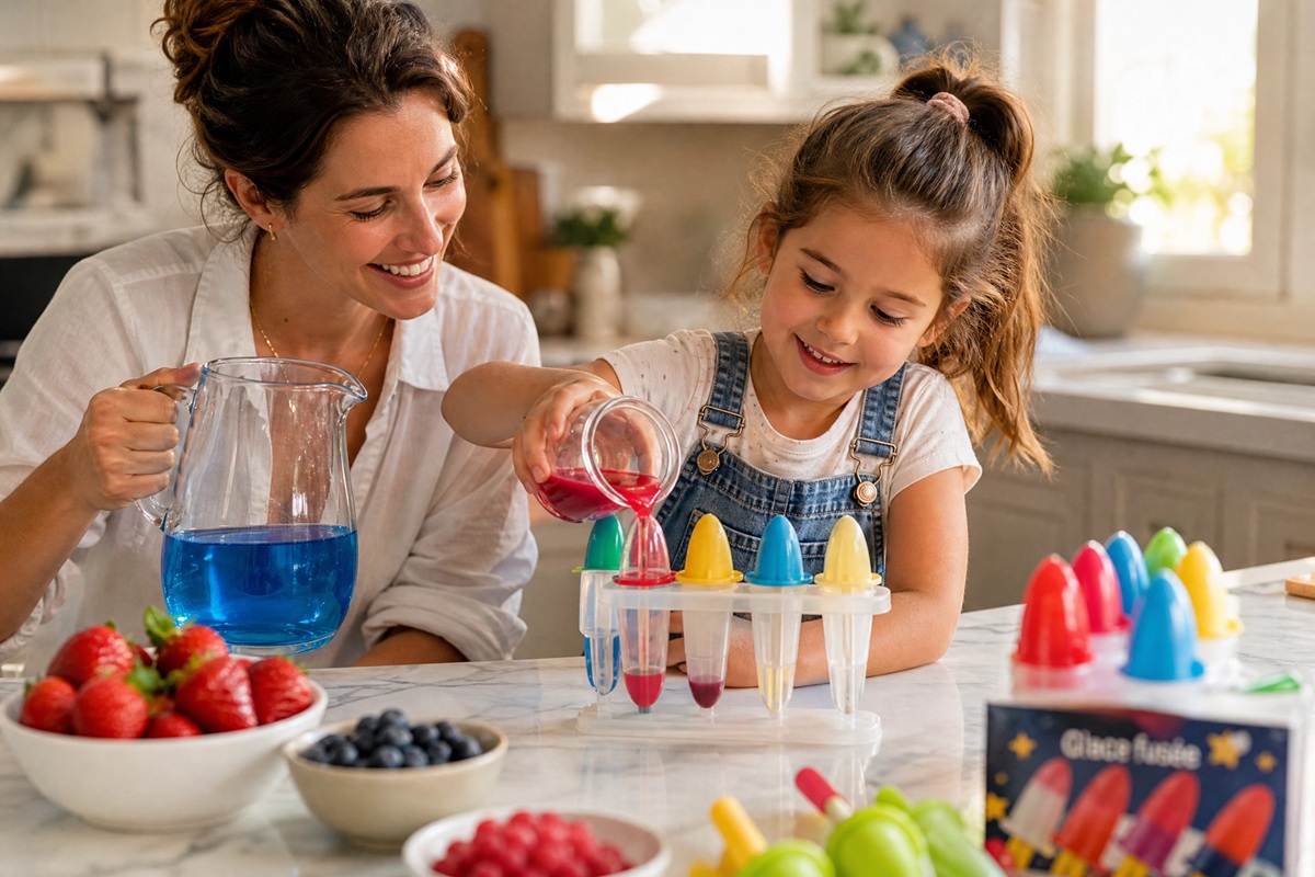 Mère et fille préparent des glaces fusées maison avec du jus de fruit dans la cuisine.
