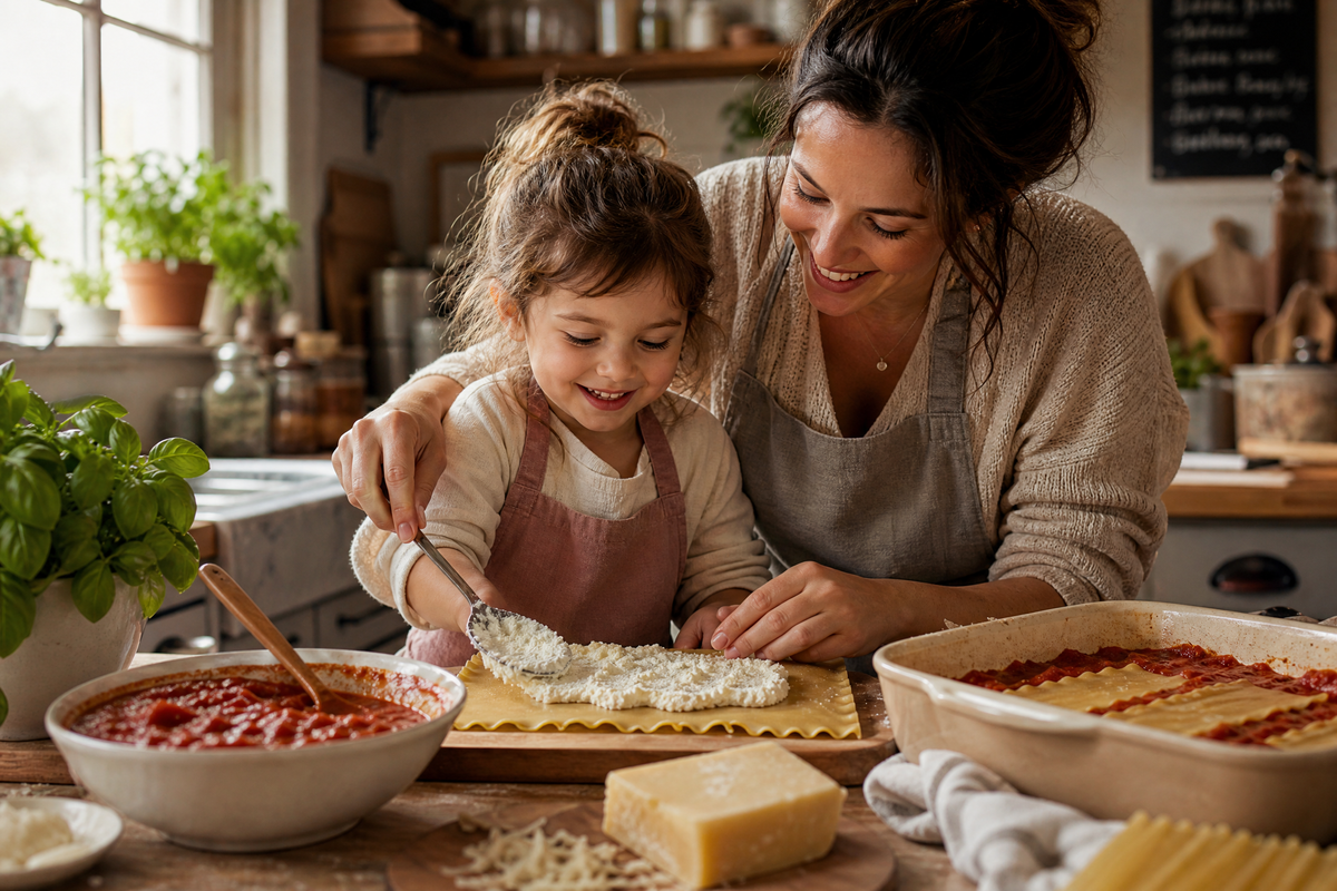 Mère et fille étalant de la ricotta sur une feuille de lasagne dans la cuisine.