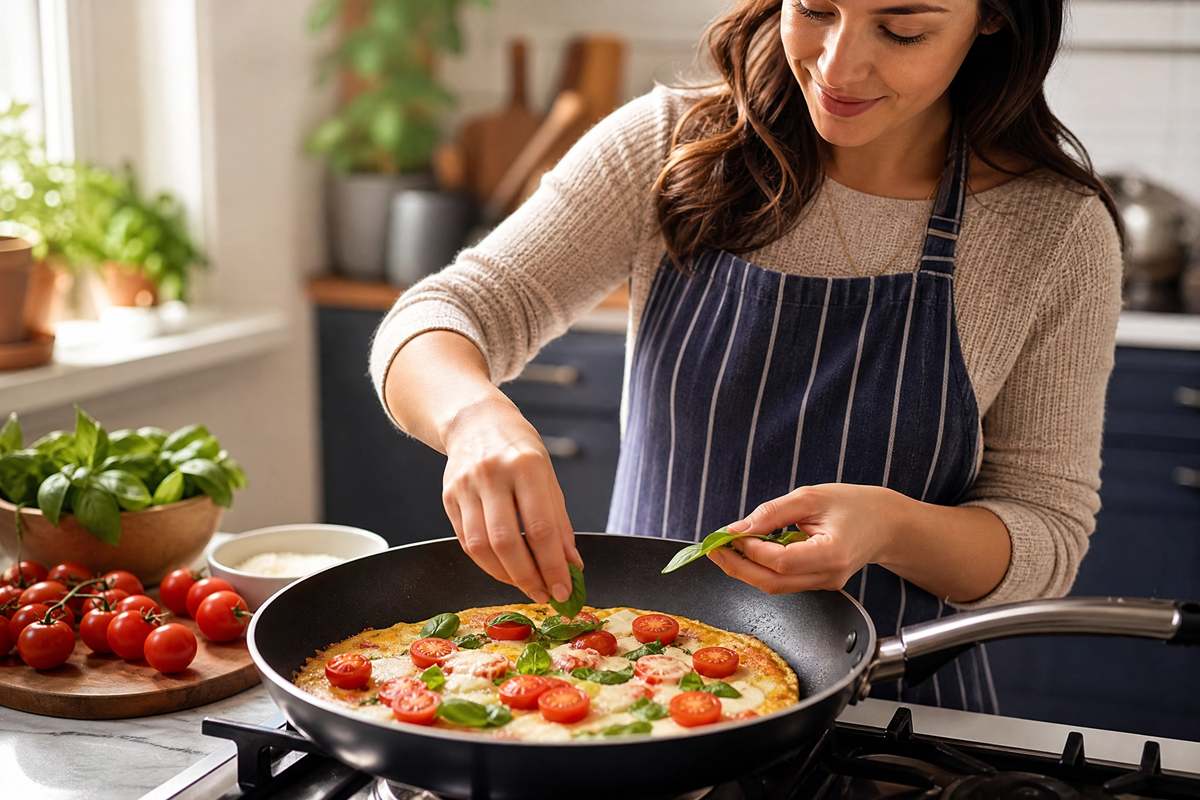 Femme ajoutant des feuilles de basilic frais sur une omelette pizza dans une poêle.