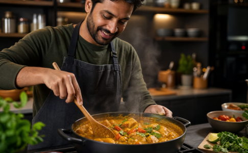 Un homme avec un tablier mélange un poulet au curry fumant dans une sauteuse avec une cuillère en bois.