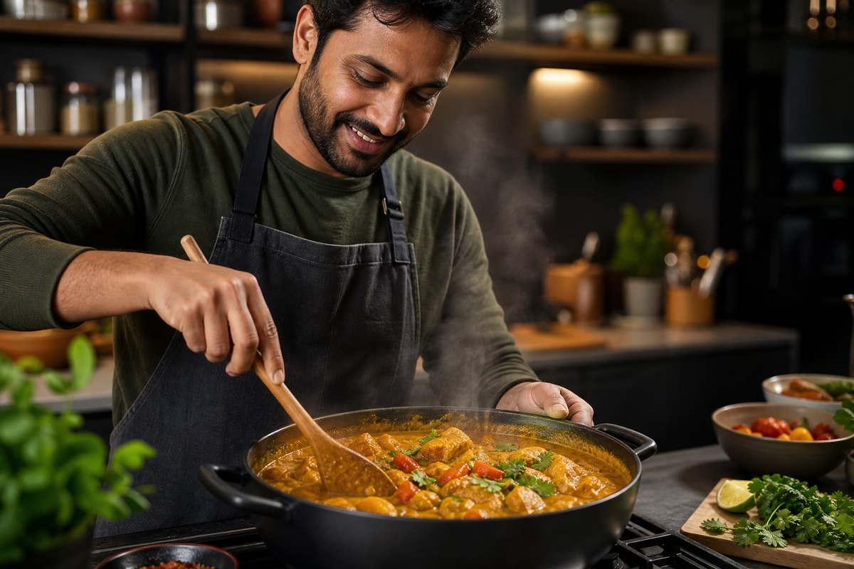 Un homme avec un tablier mélange un poulet au curry fumant dans une sauteuse avec une cuillère en bois.
