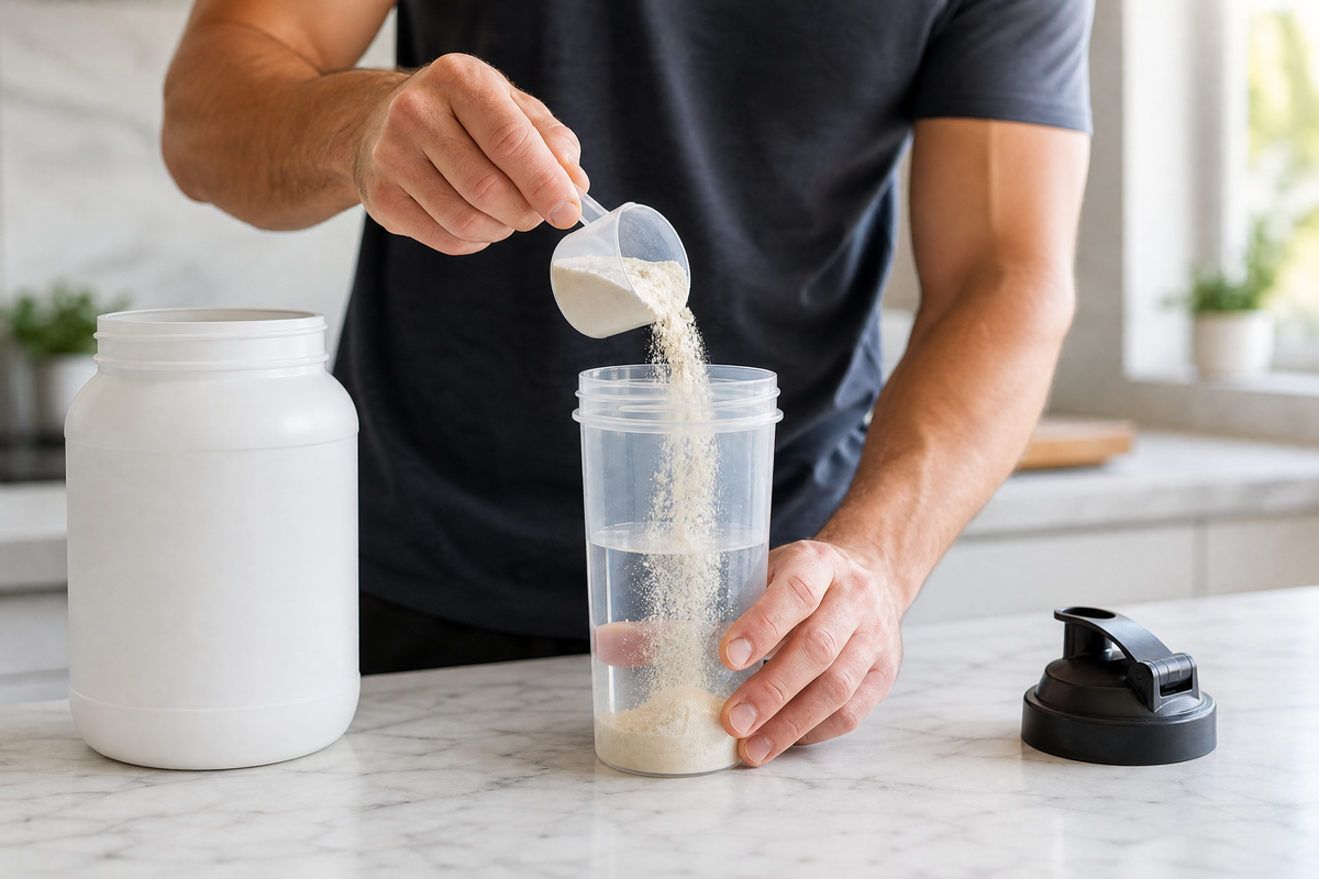 Homme musclé préparant un shaker de protéines de lactosérum. 