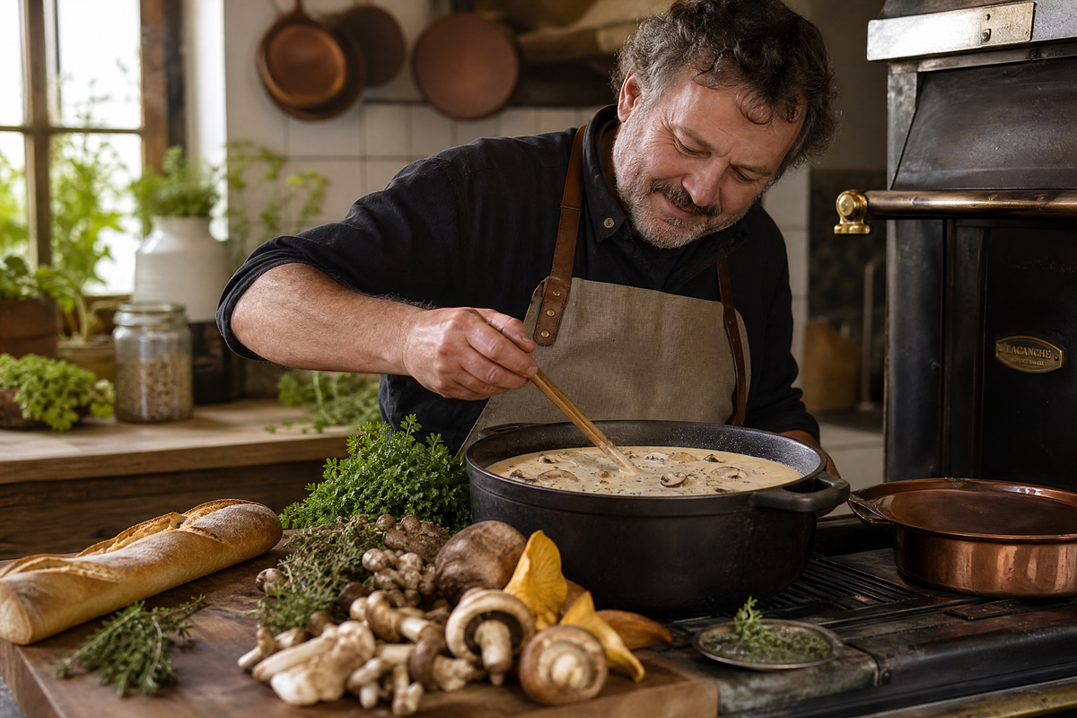 Un homme en tablier mélange une soupe aux champignons crémeuse dans une cocotte en fonte sur la cuisinière.
