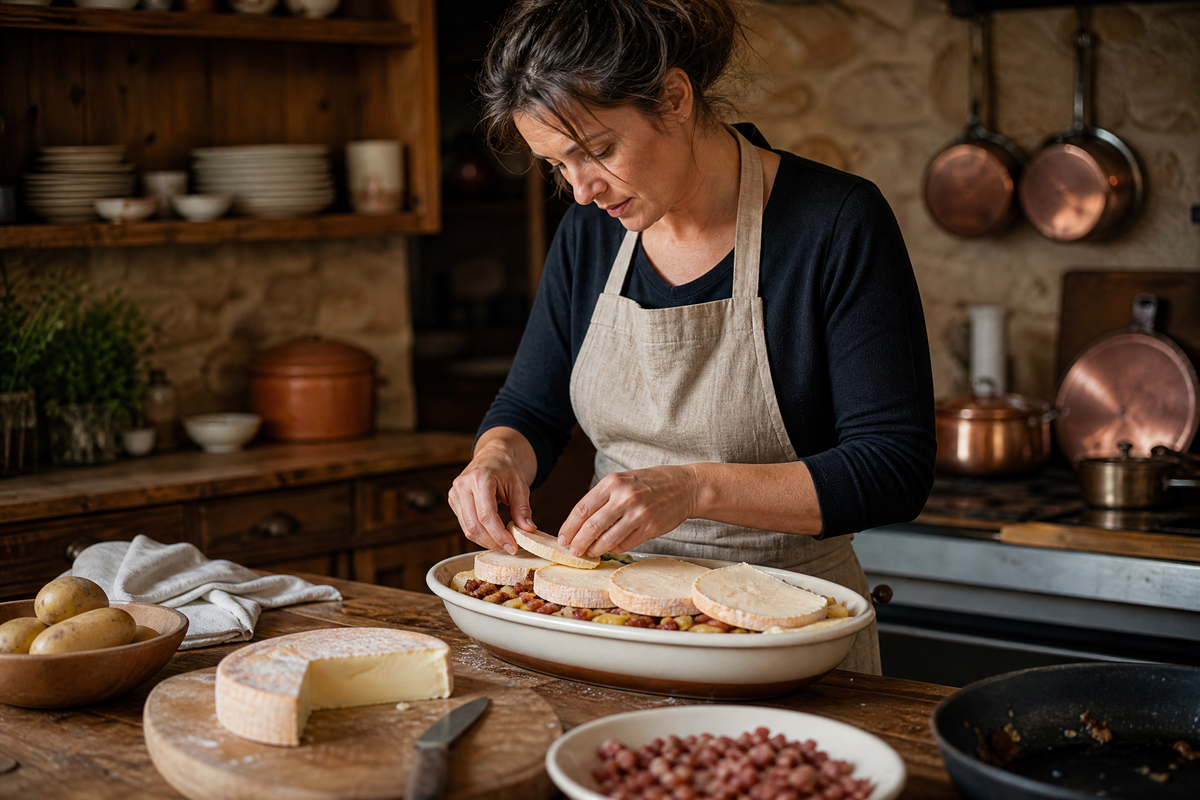 Une femme en tablier dépose des tranches de reblochon sur des pommes de terre et du lard dans un plat à gratin.
