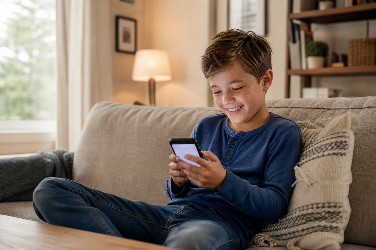 Jeune garçon souriant assis sur un canapé et utilisant un smartphone dans un salon.