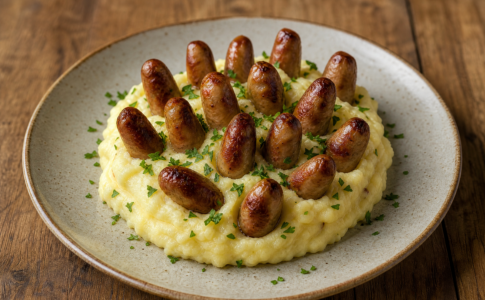 Purée et saucisses présentées en forme de hérisson.