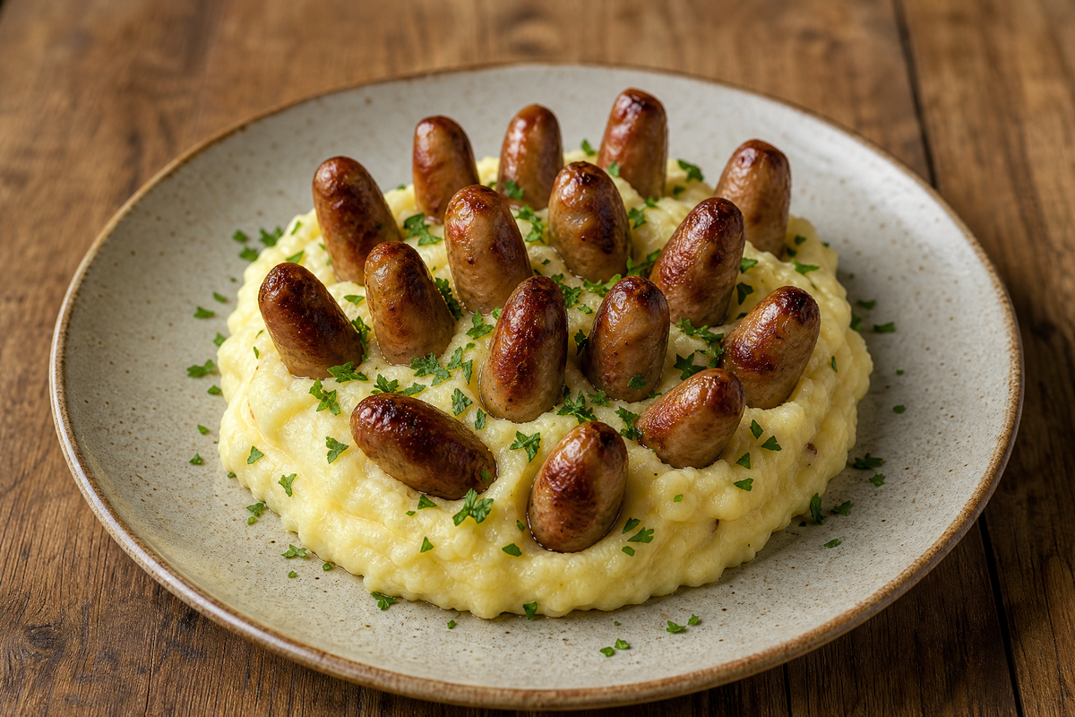 Purée et saucisses présentées en forme de hérisson.