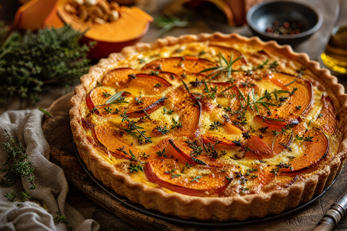 Quiche dorée au potimarron rôti et aux herbes fraîches sur une planche en bois.