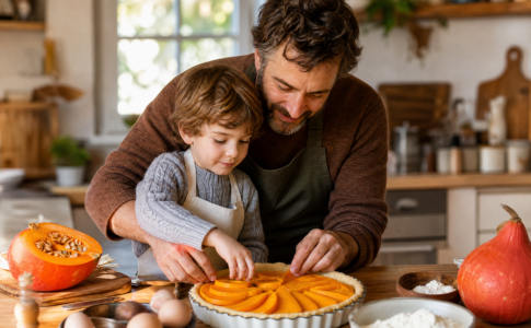 Père et son fils disposant des tranches de potimarron dans un moule à tarte à la maison.