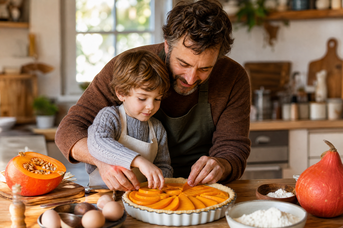 Père et son fils disposant des tranches de potimarron dans un moule à tarte à la maison.